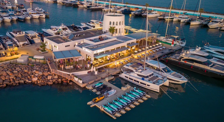 CBBC Marina Santa Eulalia Ibiza with jetski.club jet skis on floating platforms in the marina