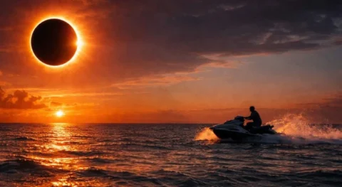 Jet ski rider during a sunset tour in Ibiza with a solar eclipse over the Mediterranean Sea.