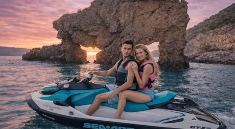 Jet ski tour in Ibiza near Cala d’Hort at sunset with couple riding Sea-Doo jet ski