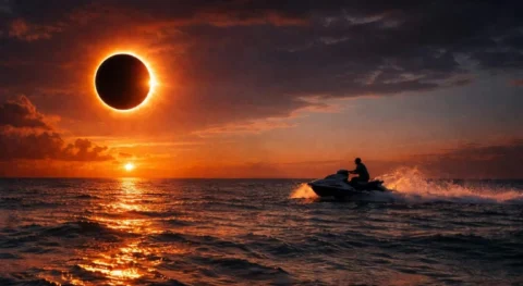 Jet ski riding at sunset during a solar eclipse over the Mediterranean Sea in Ibiza