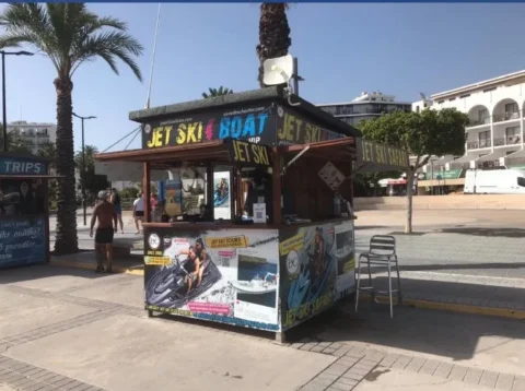 Jet ski booking hut on San Antonio promenade Ibiza near the marina for Es Vedra jet ski tours