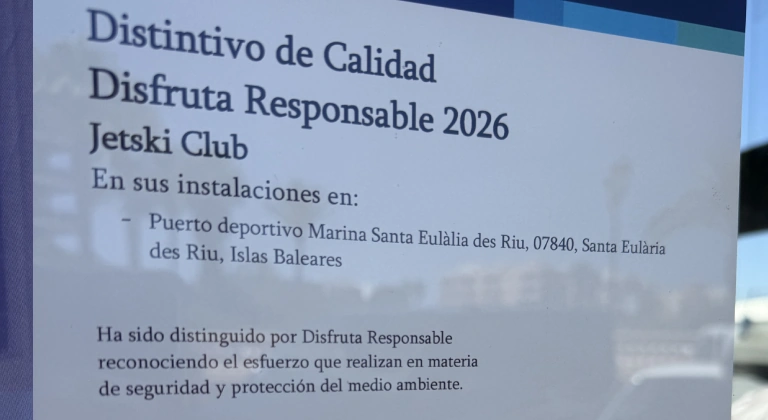 Disfruta Responsable Quality Distinction 2026 awarded to Jetski.club at Marina Santa Eulalia, Ibiza